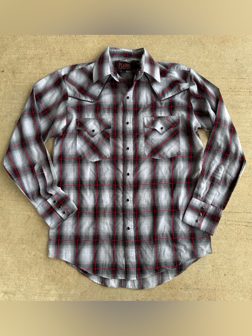 PLAINS WESTERN WEAR Red & Black Plaid Striped Gray Western Shirt Size Small